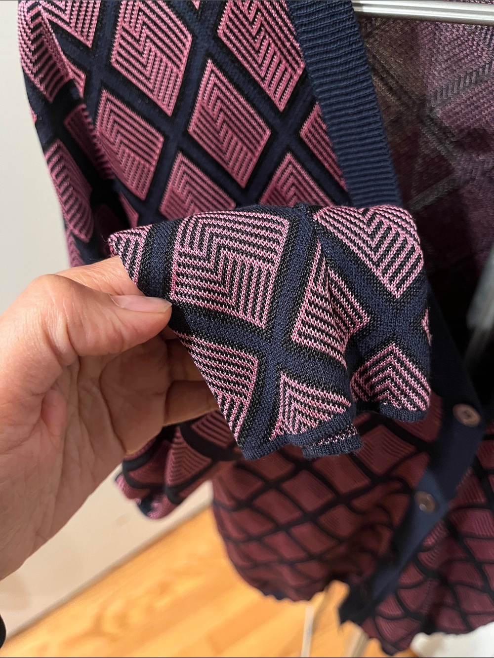 Marni Pink and Navy Diamond-Pattern V-Neck Cardigan Size 44